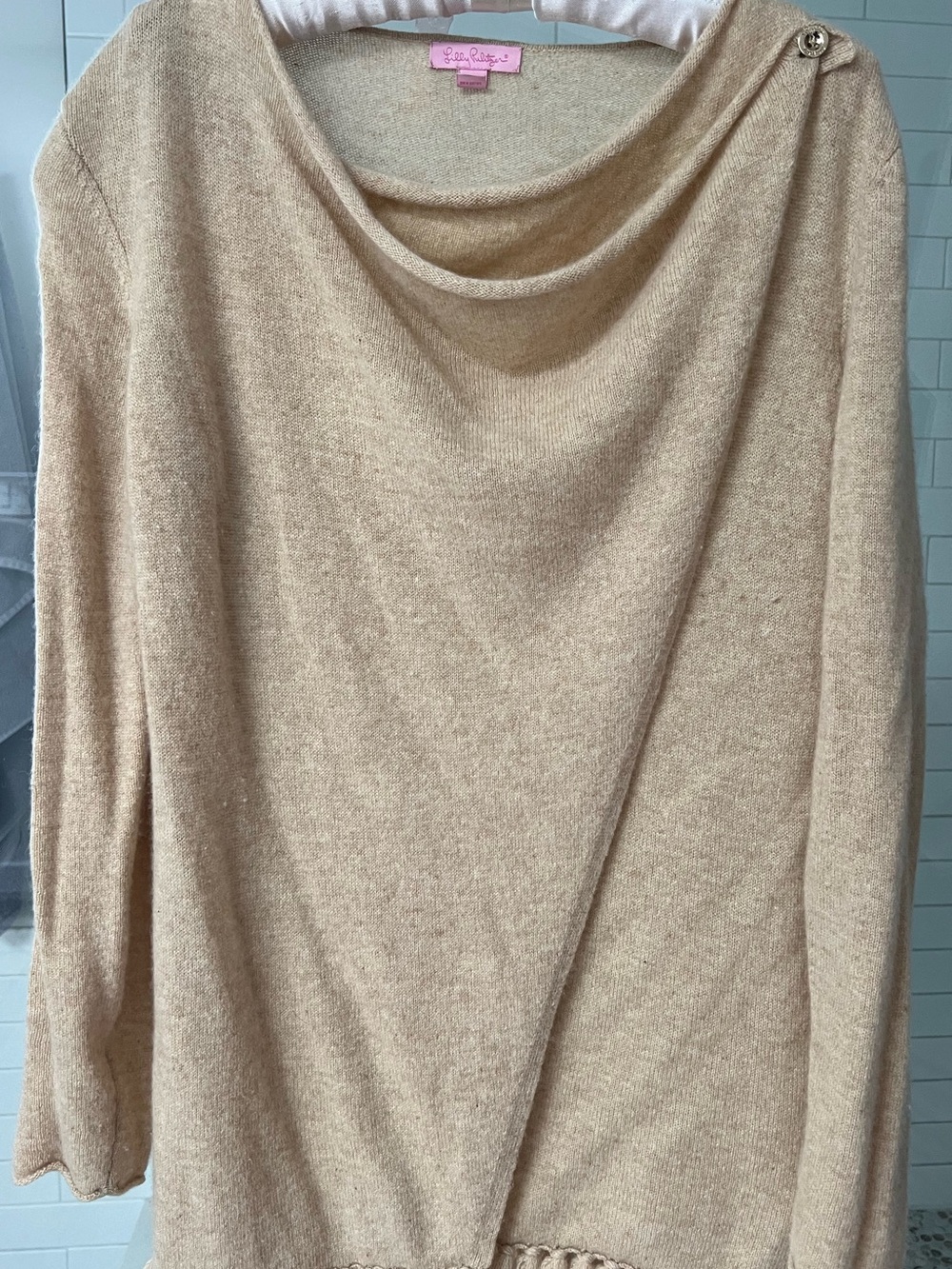 Lilly Pulitzer Beige Draped Neck Sweater with Shoulder Button